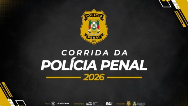 Foto de divulga&ccedil;&atilde;o da corrida, contendo as logos da Pol&iacute;cia Penal e demais participantes. 